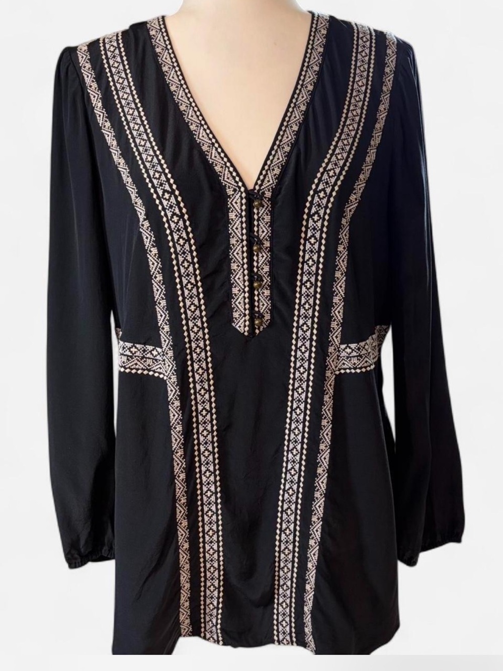 Veronica Beard 100% Silk Embroidered Tunic Black White Boho Size 8
